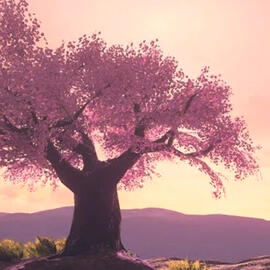 Screenshot of a cherry blossom tree from The Legend of Zelda: Breath of the Wild