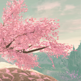 Screenshot of a cherry blossom tree from The Legend of Zelda: Breath of the Wild